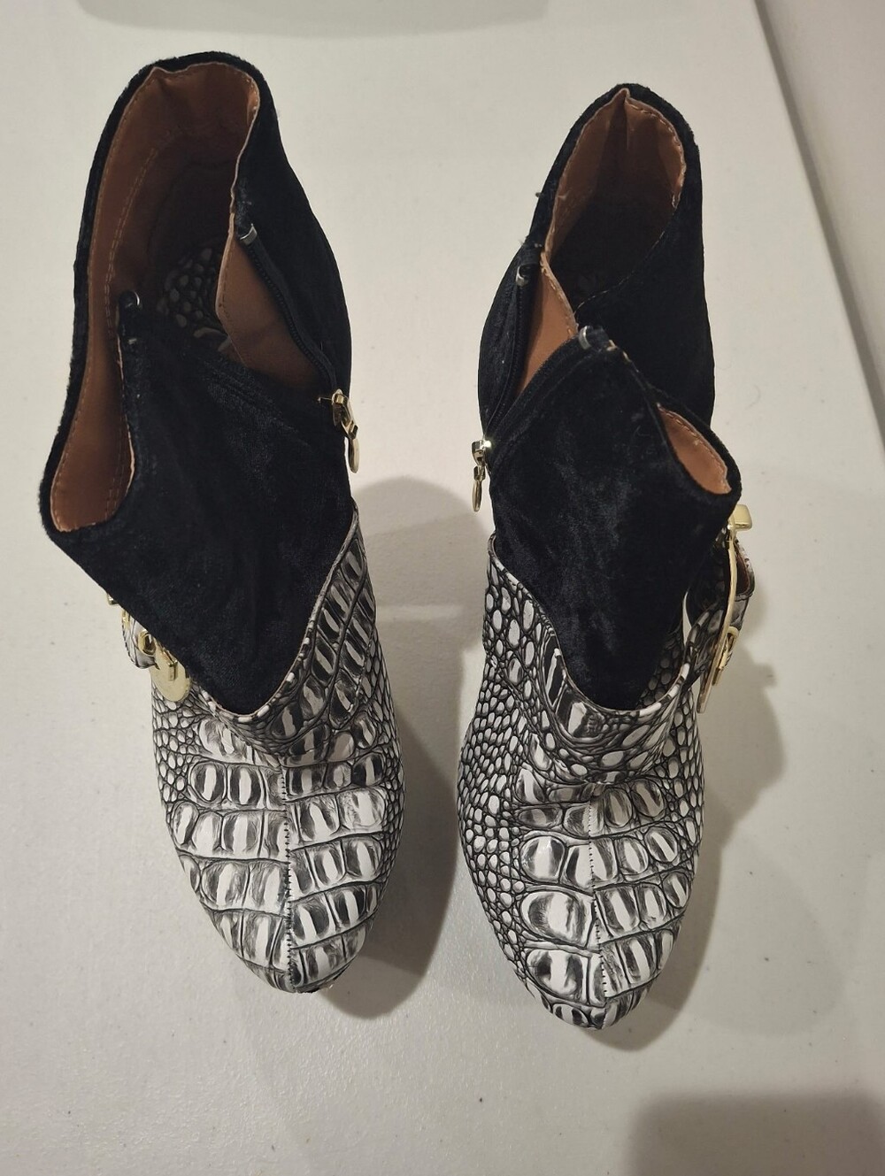 Christian Siriano Black Suede and Silver Croc-Embossed Platform Ankle Boots - Picture 2 of 2